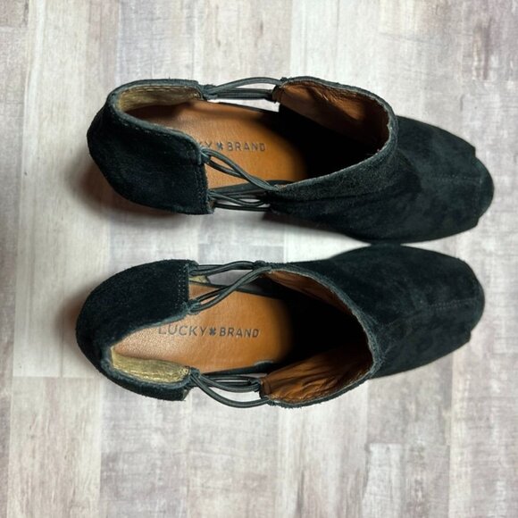 Lucky Brand Womens Black Suede Peep Toe Wedge Booties - Picture 8 of 12